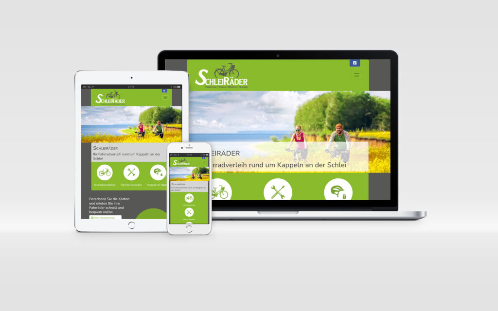 Webdesign in Kappeln 1 Responsives Webdesign der Website SchleiRäder – Fahrradverleih rund um Kappeln an der Schlei – dargestellt auf Laptop, Tablet und Smartphone mit grünem Layout und Radfahrer-Motiv.
